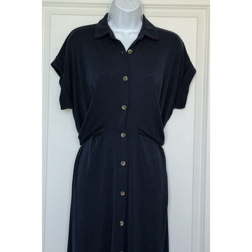 Ann Taylor LOFT Full Button Twist Tie Waist Stretch Shirt Midi Dress Navy Sz 10P - Picture 5 of 13